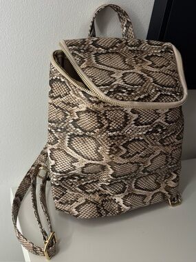 Snake-Print Backpack Purse - Neutral Brown